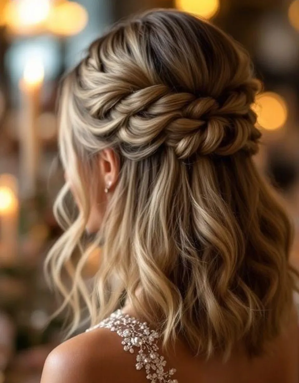 Braided half-up hairstyle with waves